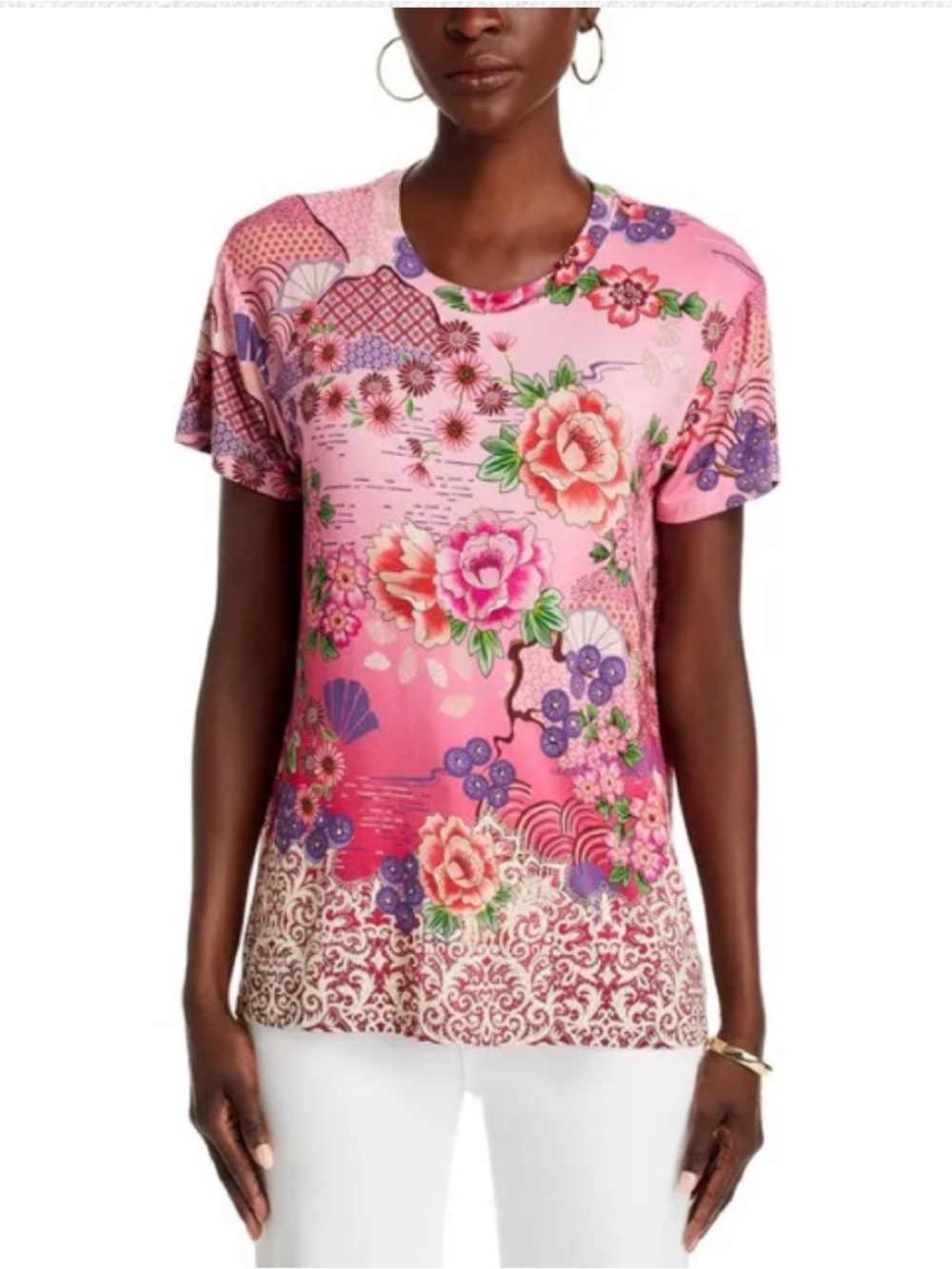 NWT Johnny Was Pink Lace Print Crew Neck Boxy Tee